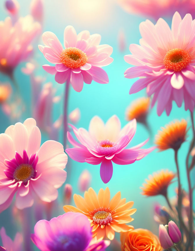 Colorful Pink and Orange Daisy Flowers on Teal Background with Bokeh Effect