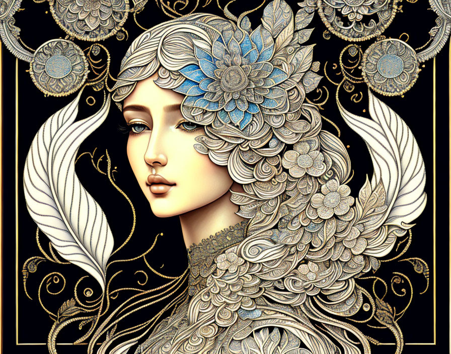 Detailed woman illustration with floral patterns and gold accents