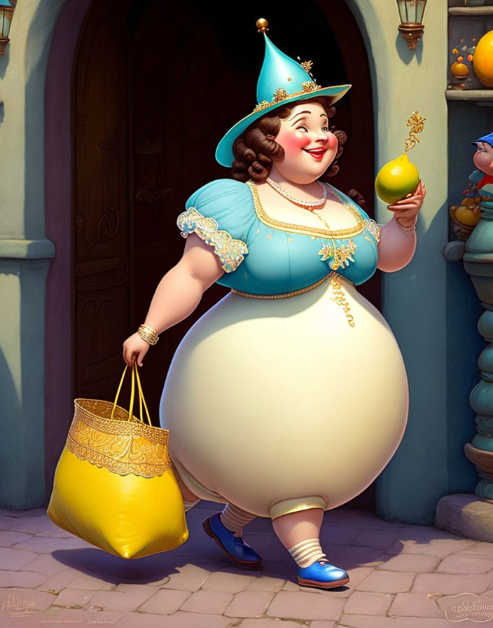 Cheerful animated woman in blue dress holding lemon and yellow purse