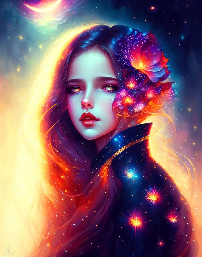 Portrait of a girl with galaxy-themed aura and cosmic flowers.