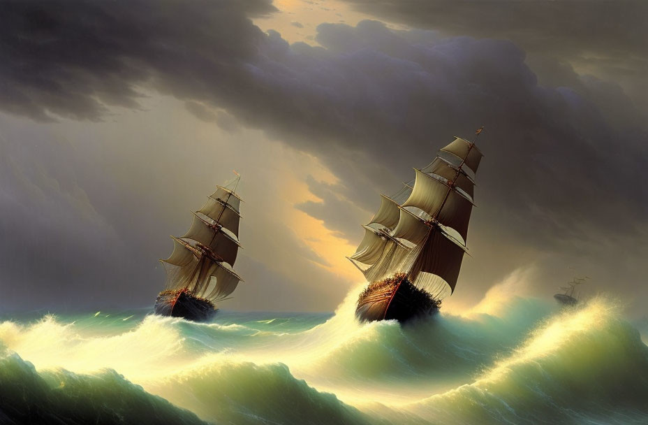 Majestic sailing ships in turbulent seas under dramatic sky