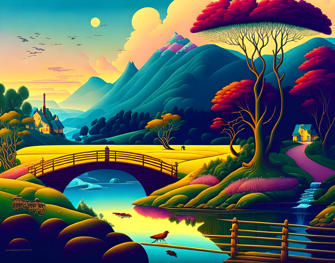 Colorful landscape with cottage, bridge, and moon in sky