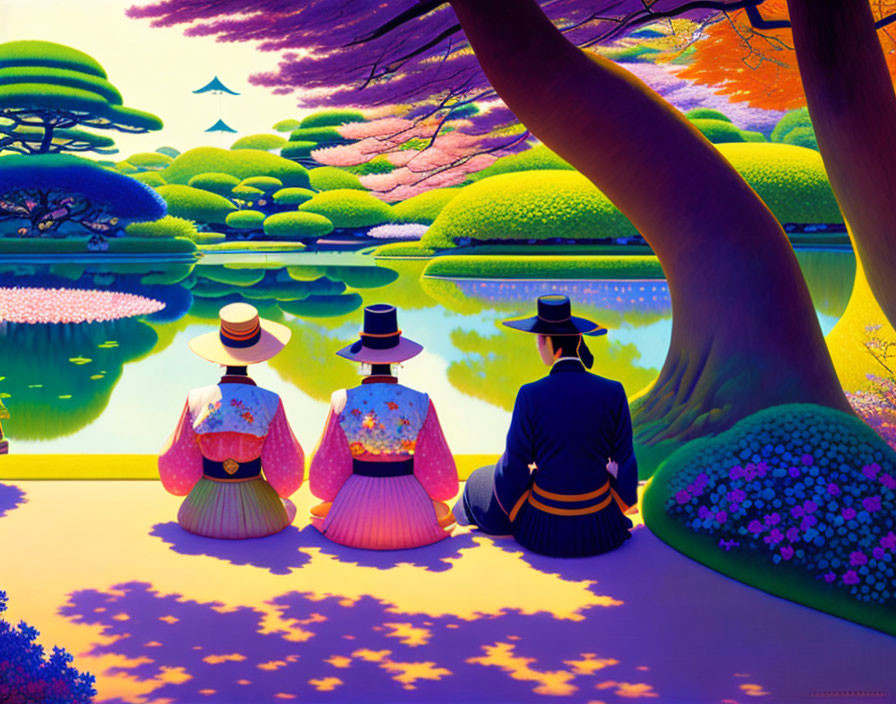 Traditional Korean hanbok trio by tranquil pond in vibrant landscape