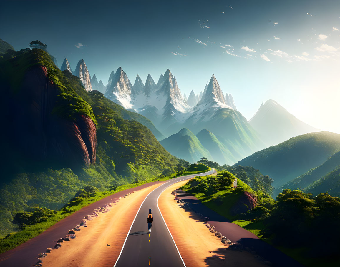 Cyclist on winding road surrounded by sharp mountain peaks