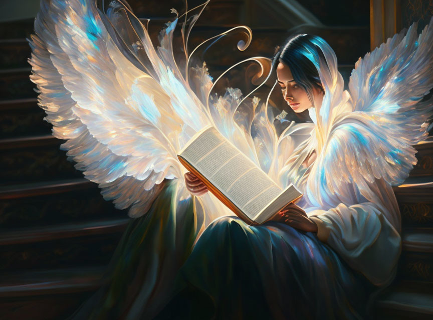 Luminous winged angel reading book in grand, dark setting