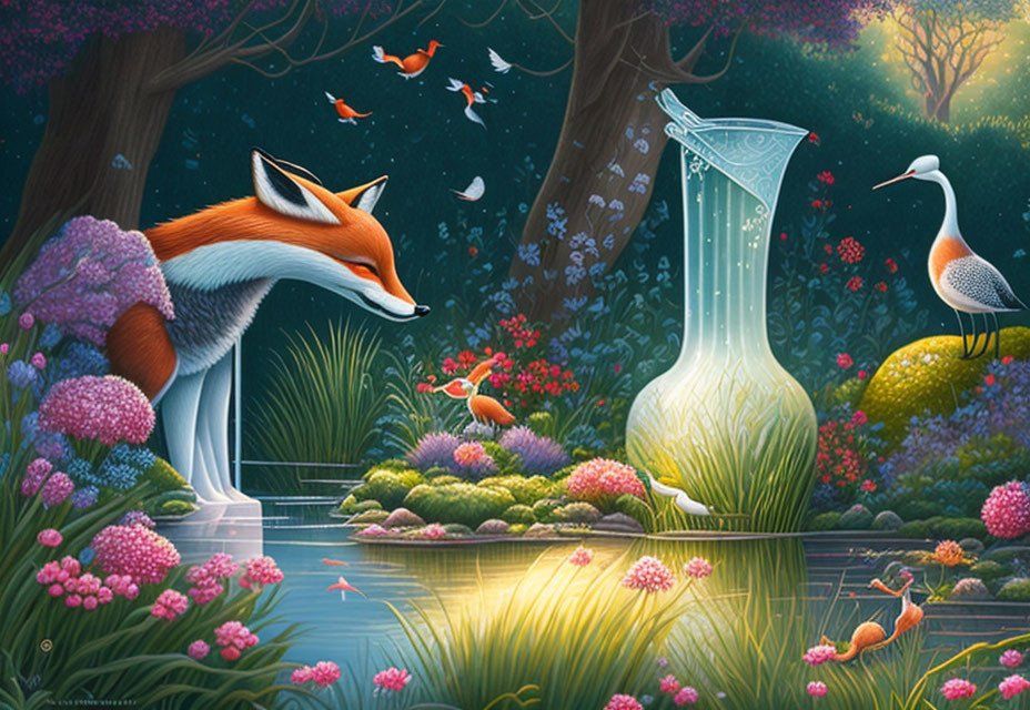 Colorful artwork of fox, birds, and crane in enchanted forest with lush greenery, lamp,