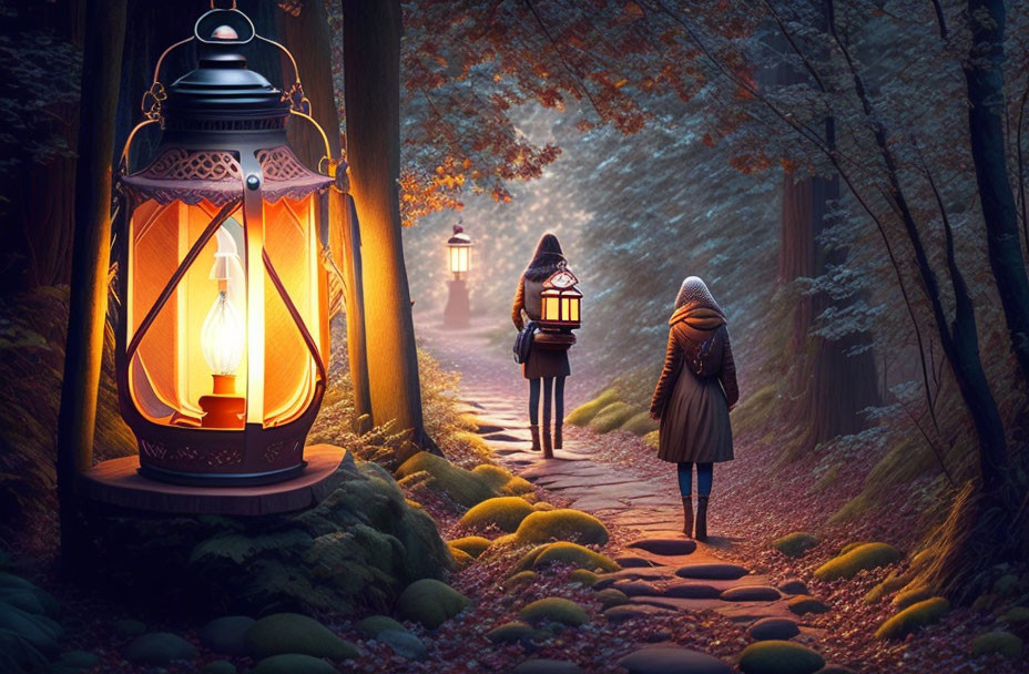 Person with lantern walking on cobblestone path in mystical forest