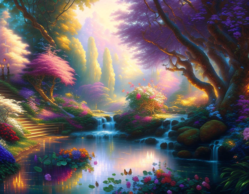 Colorful flora and serene river in vibrant fantasy landscape