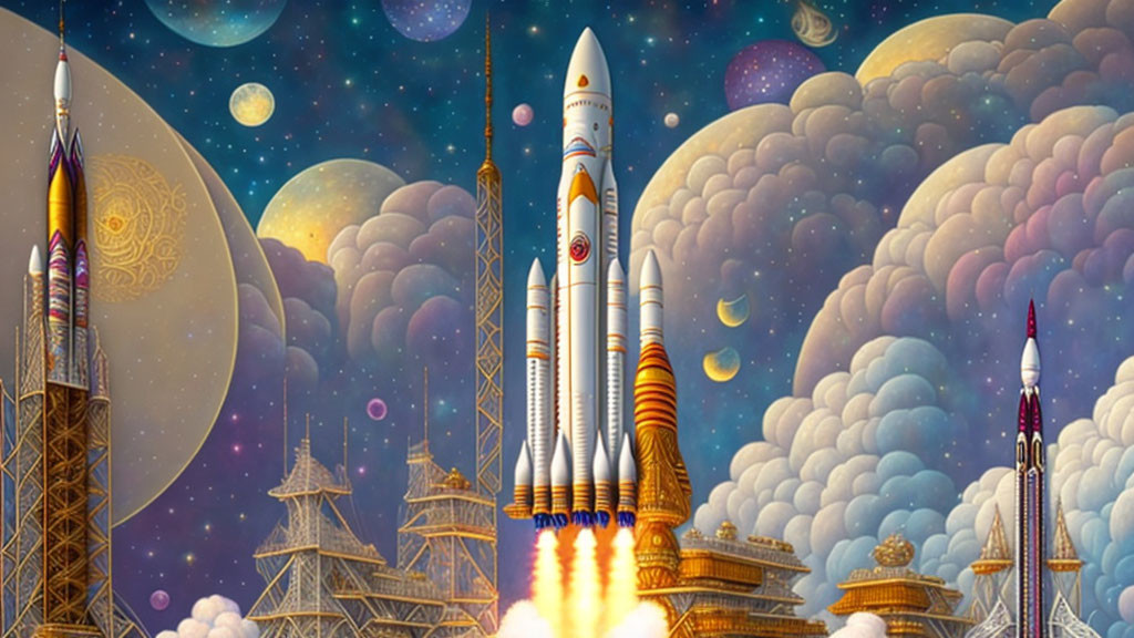 Fantasy space scene with rockets launching from ornate platforms