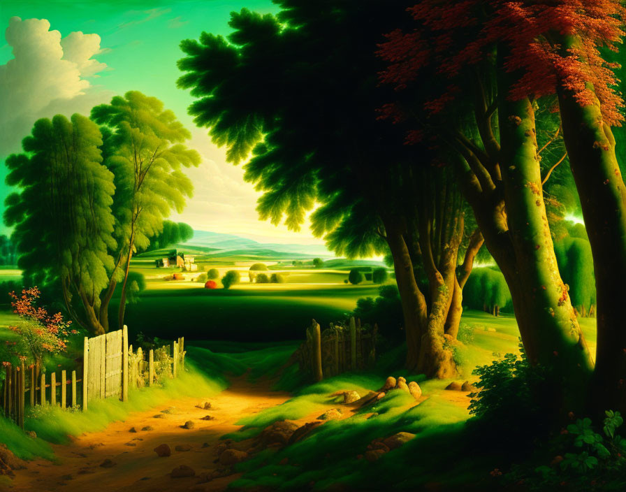 Vibrant green trees, dirt path, fence, fields under bright sky