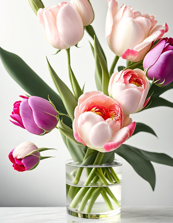 Fresh Pink and Purple Tulip Bouquet in Clear Glass Vase