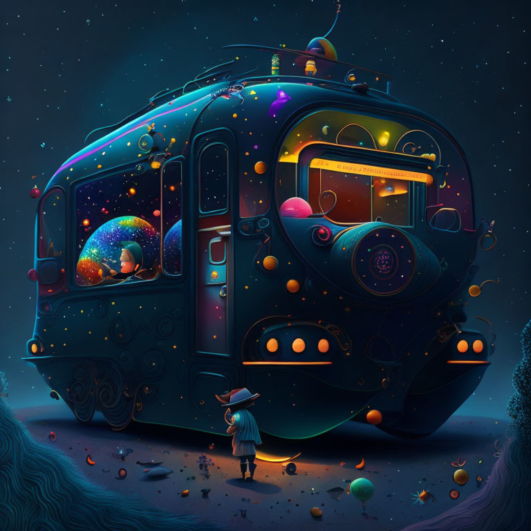 Child admires cosmic-themed train with stars and planets on night sky background