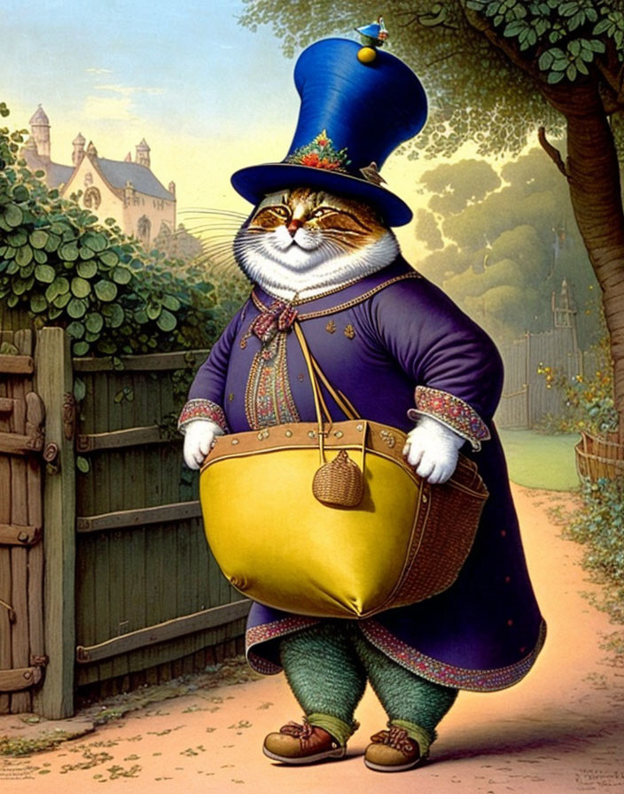 Anthropomorphic cat in top hat and glasses with drum by castle gate