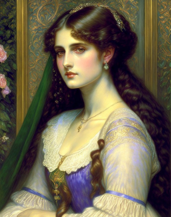 Portrait of a Woman in White Dress with Blue Corset and Floral Background