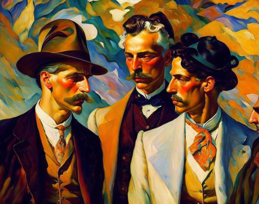 Three gentlemen in hats and suits with mustaches in vibrant, expressionist style