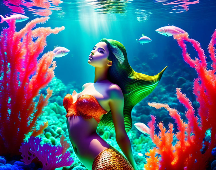 Colorful Mermaid Artwork with Green Hair and Golden Tail in Underwater Scene