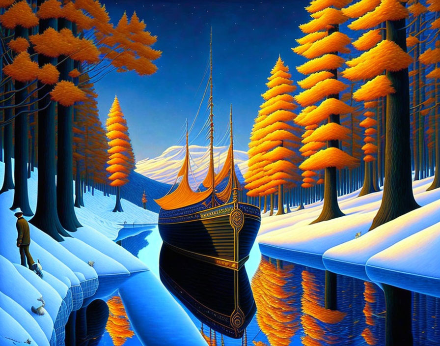 Viking ship painting on snowy river with figure and orange trees