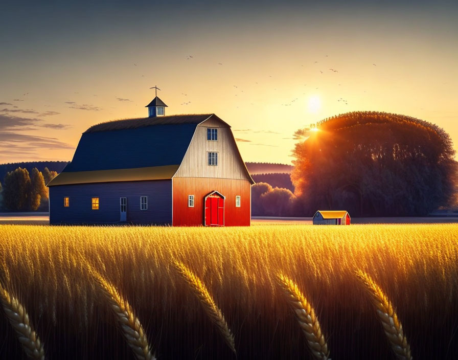 Tranquil sunrise over golden wheat field with red barn.