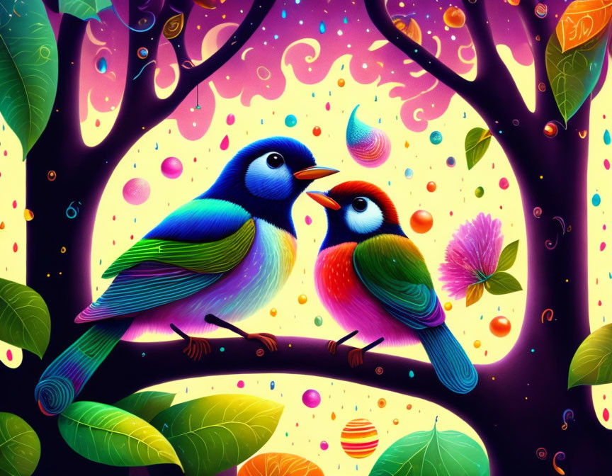 Colorful Birds on Branch in Whimsical Forest with Bubbles and Glowing Fruits