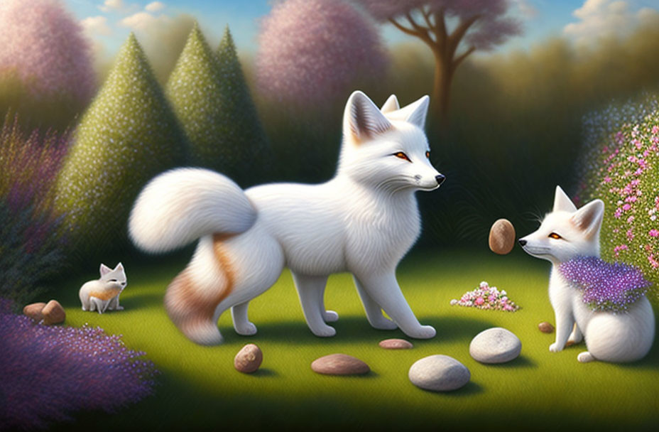 Three White Foxes in Whimsical Forest with Colorful Trees