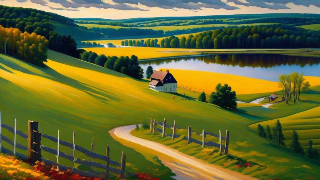 Idyllic landscape painting with farmhouse, fields, woods, and lake