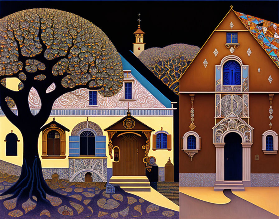 Stylized ornate illustration of tree and buildings with night and dawn color themes