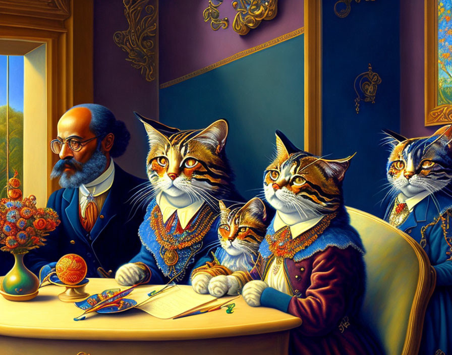 Whimsical painting of five cats in human attire around a desk