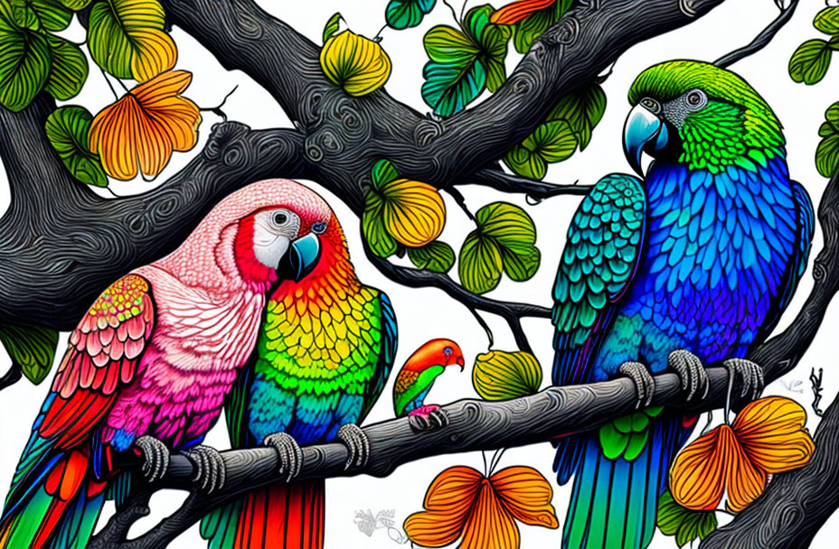 Colorful illustration: Pink and blue parrots on branch with green leaves and orange flowers