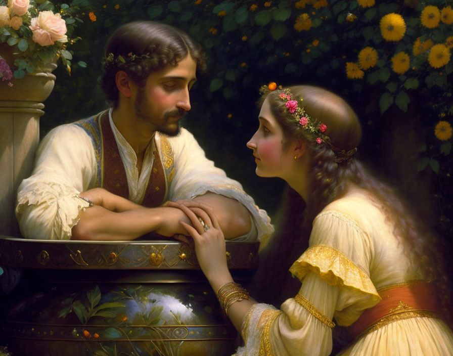 Historical painting of man and woman in intimate gaze amidst lush foliage