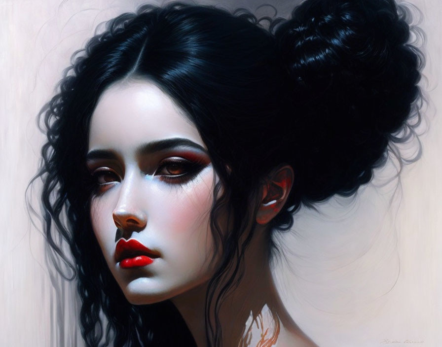 Portrait of woman with dark hair, pale skin, and red lips in contemplative gaze