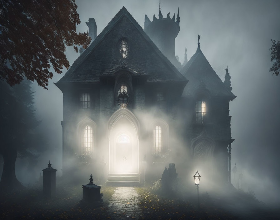 Gothic style house in misty atmosphere with illuminated windows