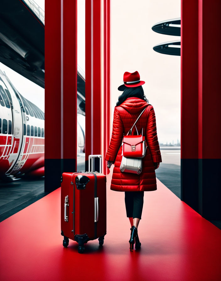 Woman in red coat and hat walking towards airplane with suitcase and red columns