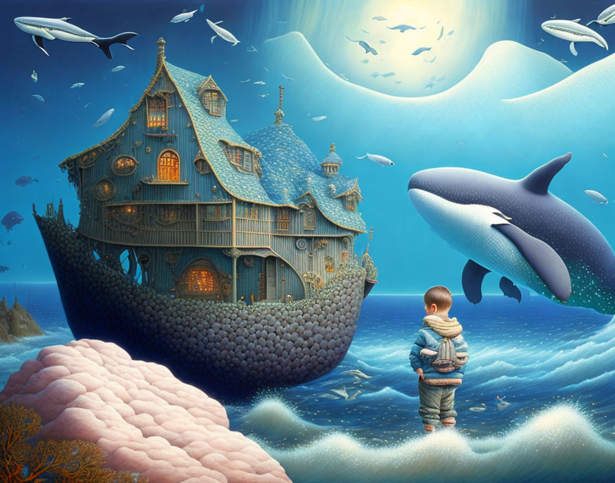 Child in spacesuit in surreal seascape with whale-shaped house and flying whales