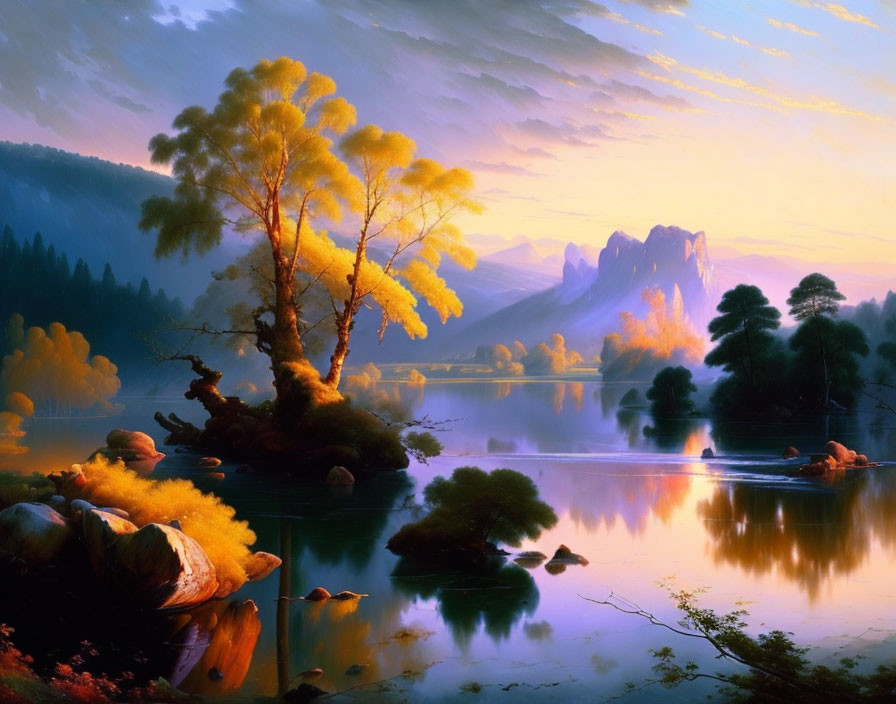 Tranquil landscape painting of serene lake at sunset