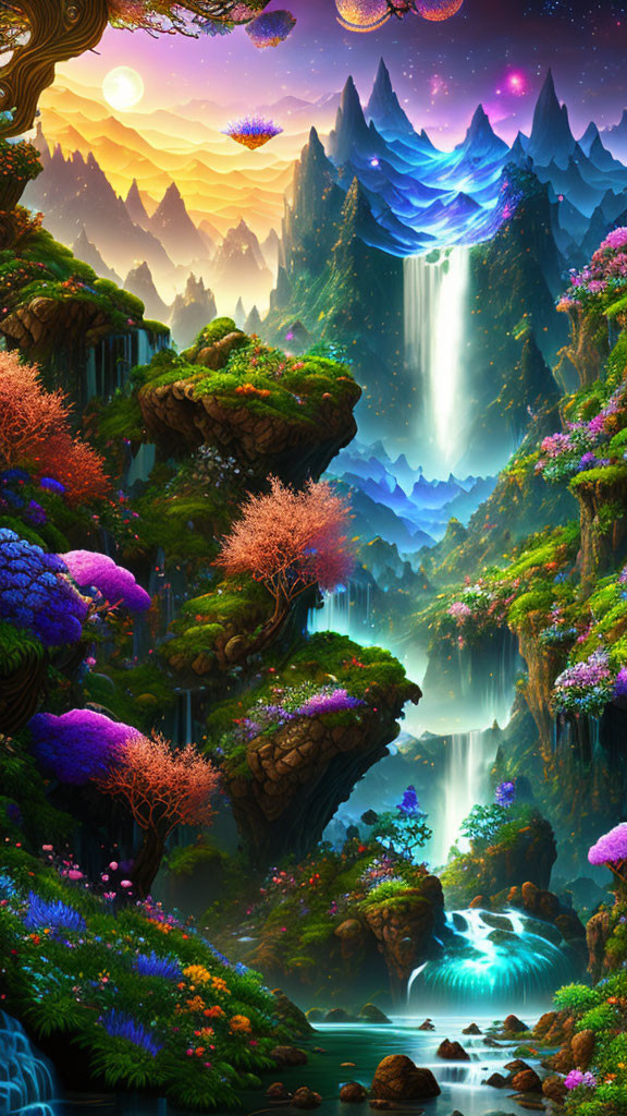 Colorful fantasy landscape with waterfalls, floating islands, and starry sunset sky