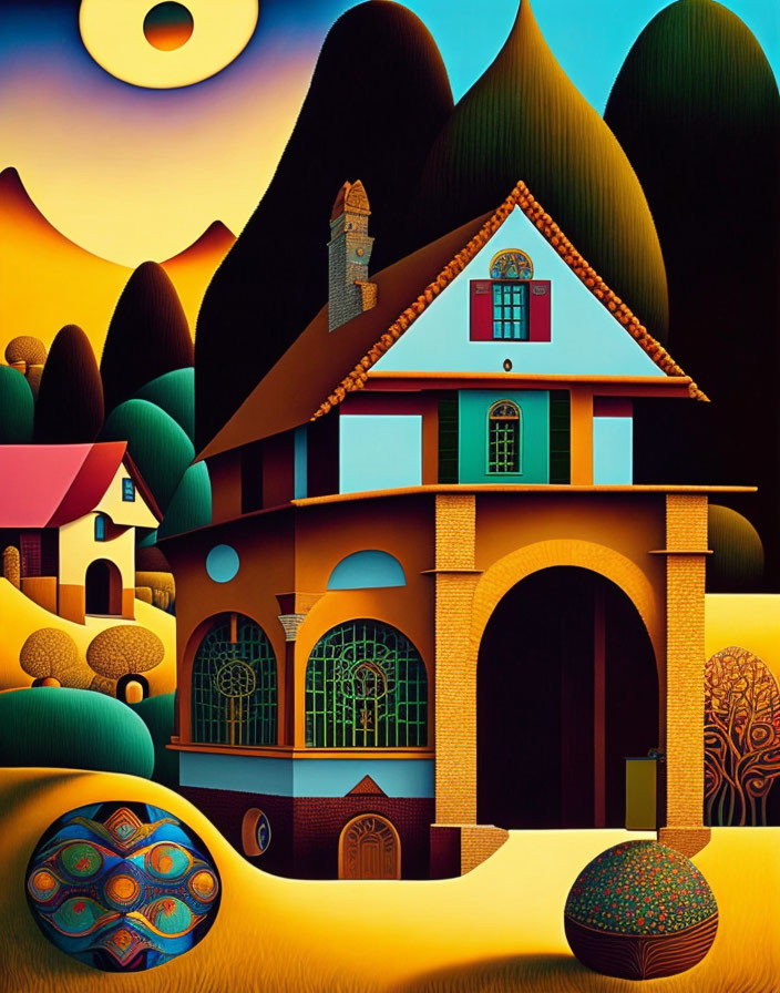 Surreal landscape with stylized house, undulating hills, and warm color palette