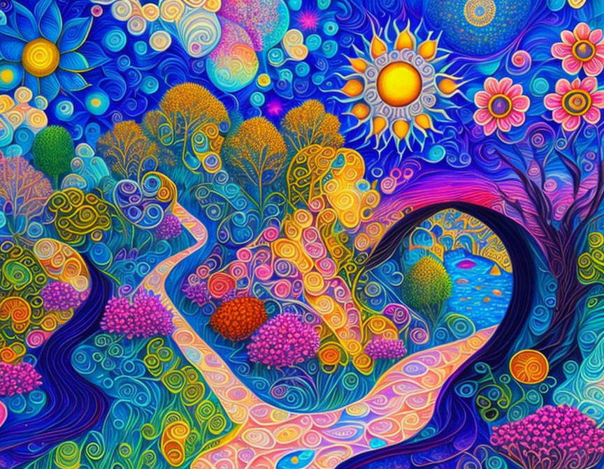 Colorful Psychedelic Landscape with Suns, Trees, River, and Patterns