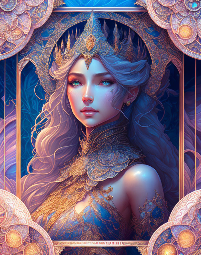 Fantasy illustration: Female character with golden headpiece and jewelry in ornate frame, featuring flowing hair