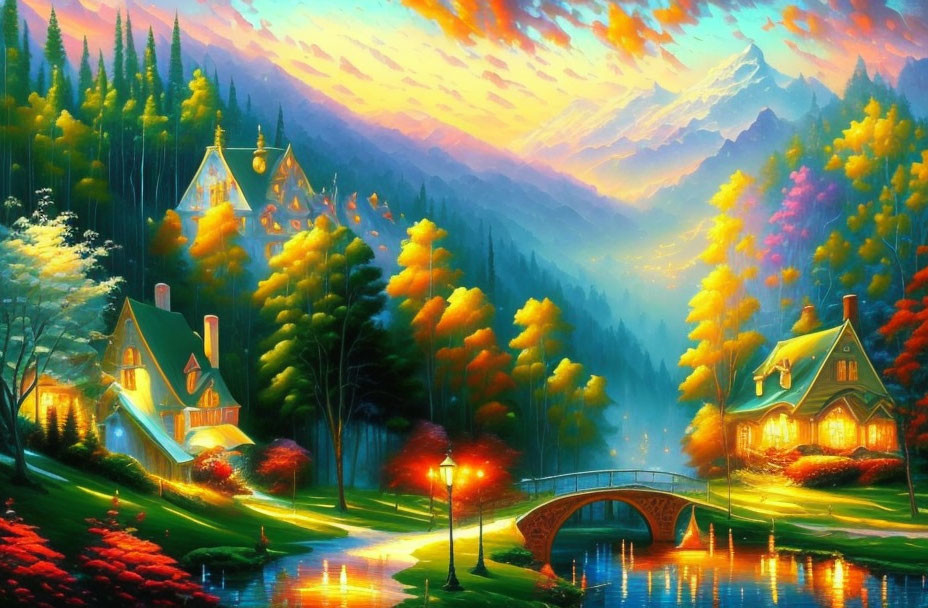 Colorful landscape painting: quaint houses, stream, bridge, forests, sunset sky, mountains