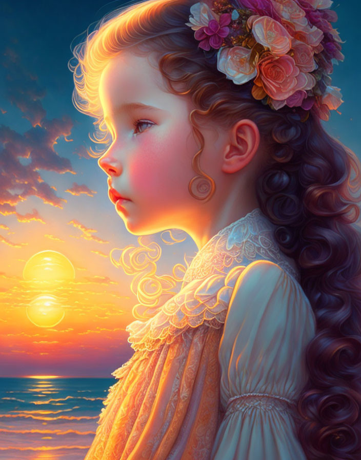 Curly-Haired Girl with Flowers Watching Ocean Sunset in Vibrant Illustration