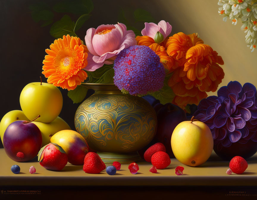 Vibrant floral arrangement with mixed fruit on dark background & detailed vase