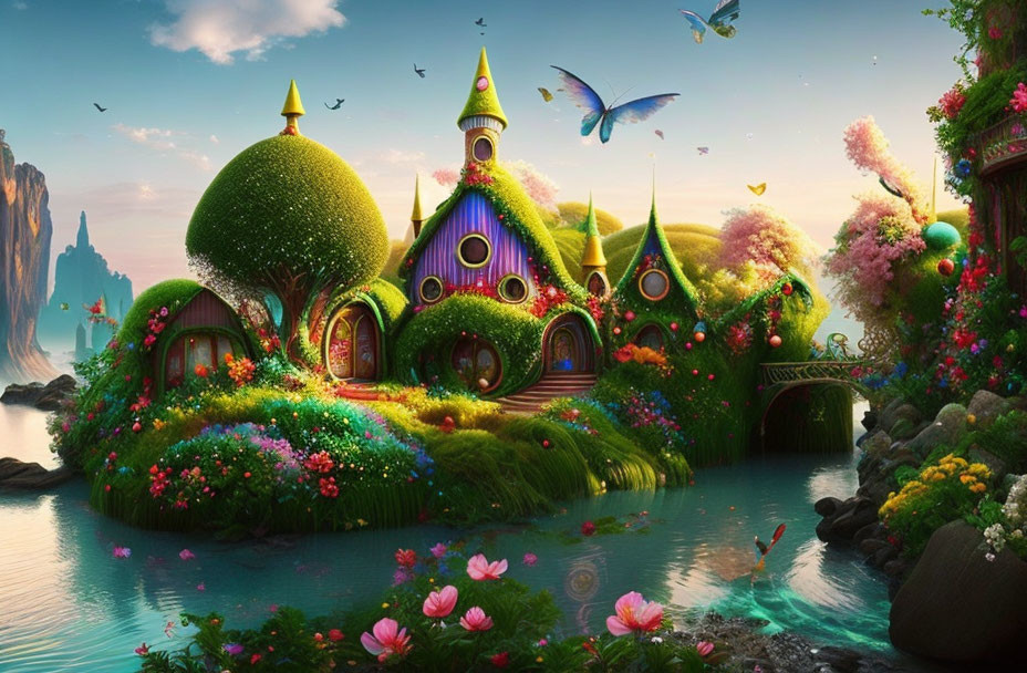 Whimsical fantasy landscape with lush greenery, river, birds, and mountain