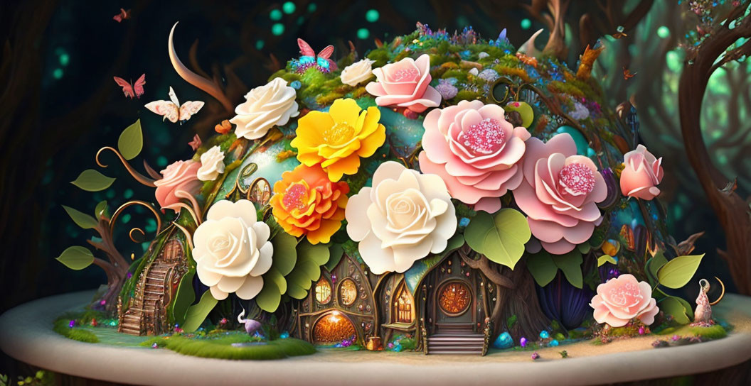 Enchanted miniature landscape with fairy tale doors, glowing butterflies, and blooming flowers