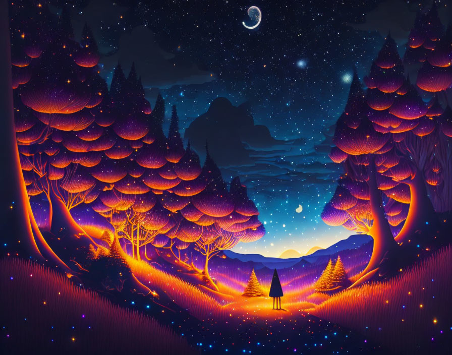 Digital art: Solitary figure in mystical purple forest under starry night sky