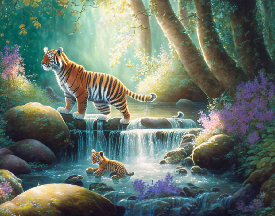 Tiger and Cub in Vibrant Forest with Waterfalls