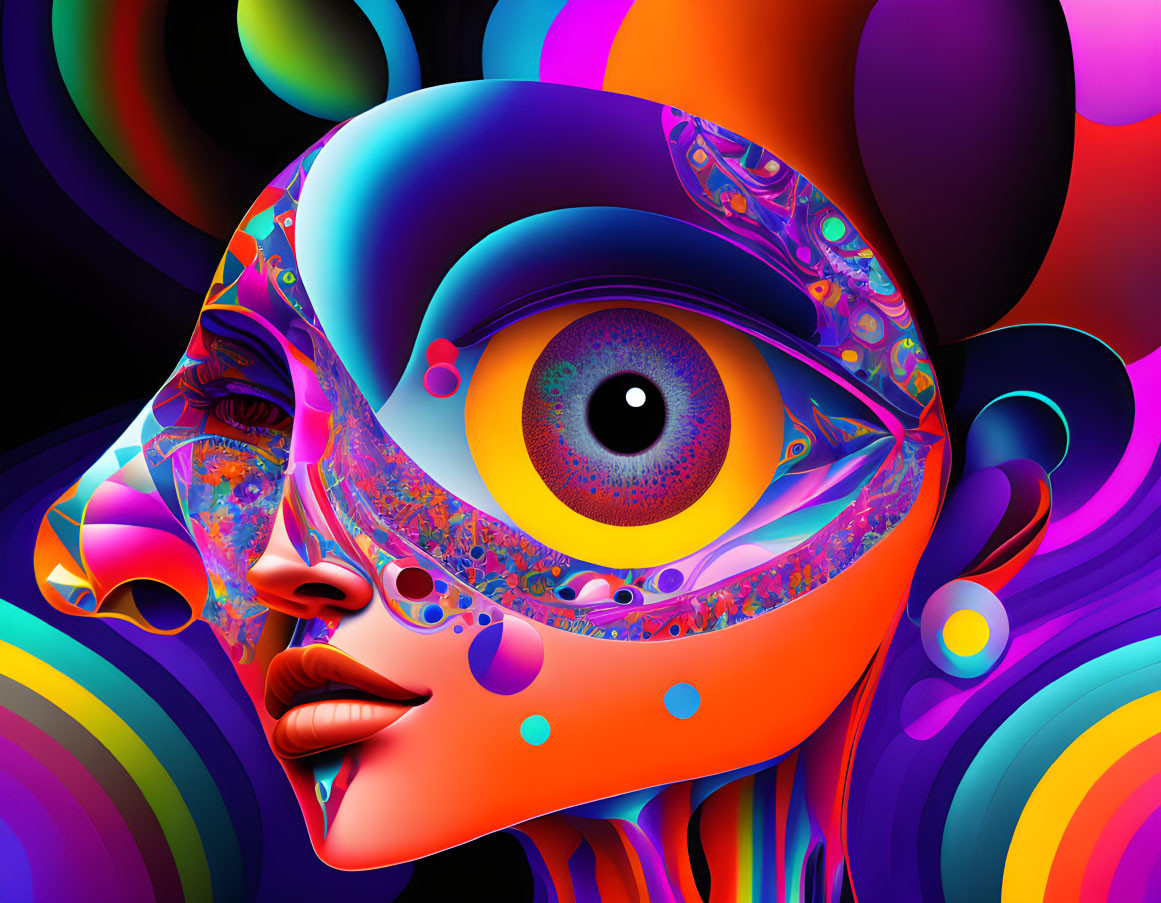 Colorful Psychedelic Woman's Face Illustration with Large Eye