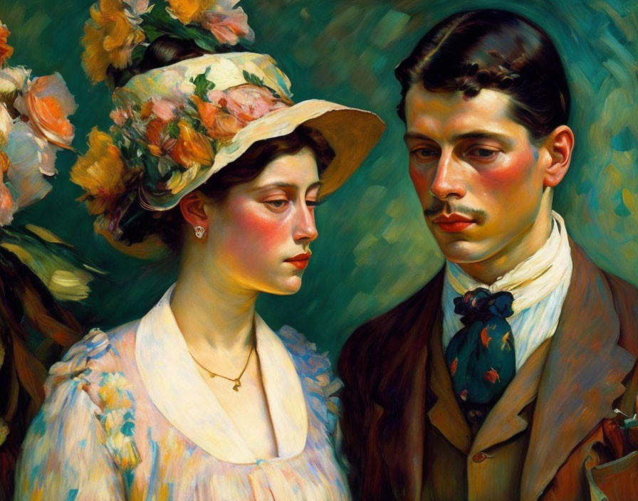 Victorian-era painting of woman and man in floral hat and cravat in rich colors