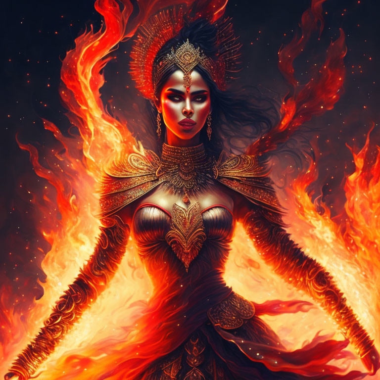 Golden-adorned figure with crown in fiery setting.