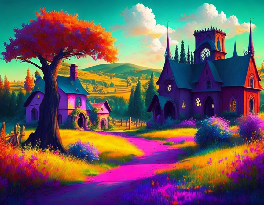 Colorful Landscape of Whimsical Village with Gothic Church, Cottage, Tree, and Flower Path at