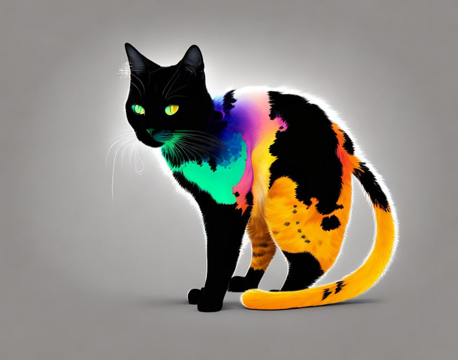 Colorful Patchwork Black Cat on Grey Background